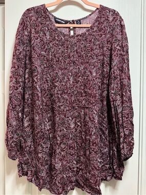 Lands' End Maroon Floral Pleated-Front Blouse